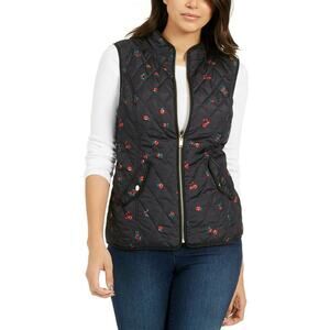 Charter Club xs Floral Quilted Vest Sleeveless High-Neck Deep Black X-Small